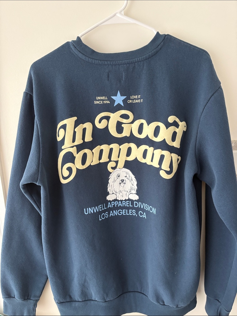 Unwell crew neck navy blue oversized sweatshirt with shaggy dog